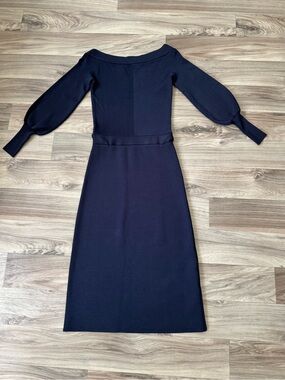 The Fold London Toulouse Dress Navy Blue Knit Off the Shoulder Long Sleeve Small